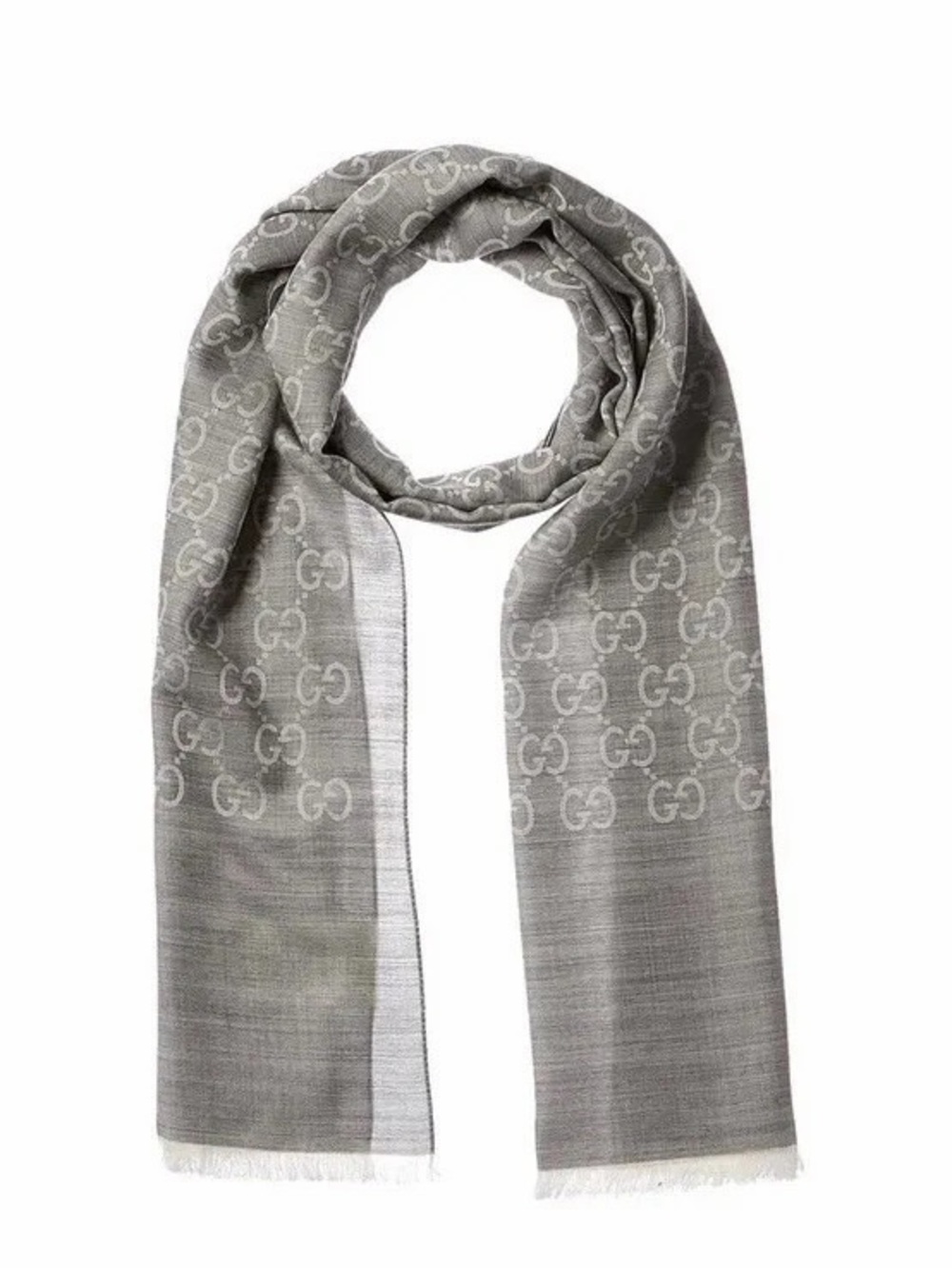 New Gucci Supreme Women Monogram‎ GG Jacquard Silk & Wool Scarf Wrap Gray $550